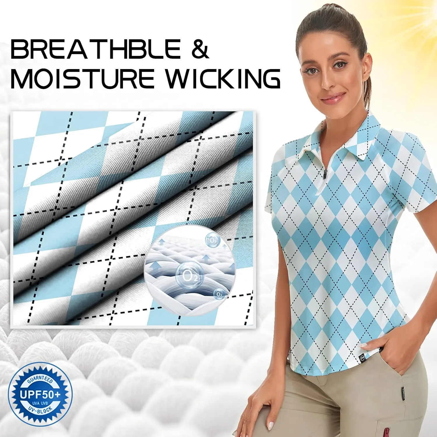 Women's Golf Shirt Short Sleeve Tennis Shirt Quarter Zip Golf Pullover Golf Polo Shirts Argyle Tops