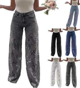 Women's Lace Patchwork Hollow Jeans, Casual Vintage Baggy Straight Wide Leg Denim Pants, Floral Hollow Out Pants