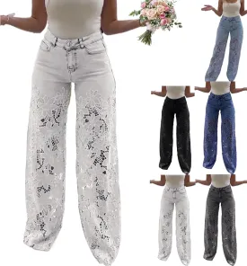 Women's Lace Patchwork Hollow Jeans, Casual Vintage Baggy Straight Wide Leg Denim Pants, Floral Hollow Out Pants