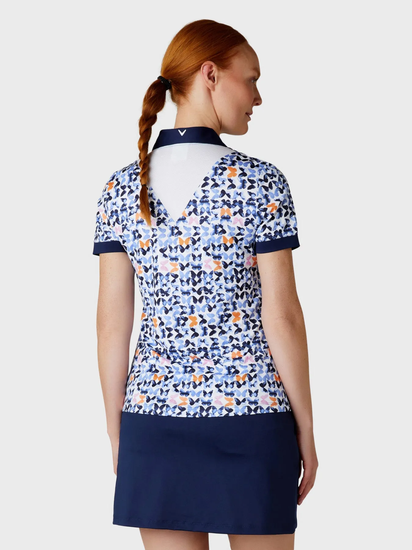 Women's Metamorphosis Butterfly Pattern Short Sleeve Golf Polo Shirt In Brilliant White