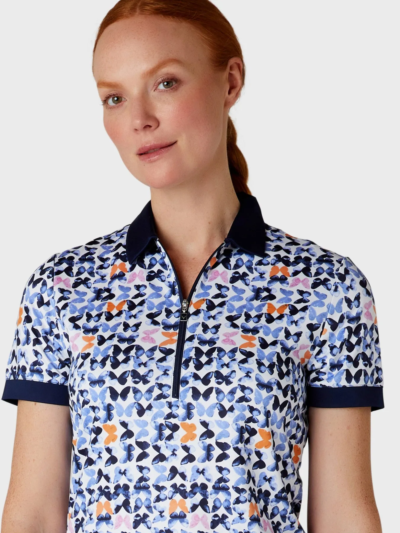 Women's Metamorphosis Butterfly Pattern Short Sleeve Golf Polo Shirt In Brilliant White
