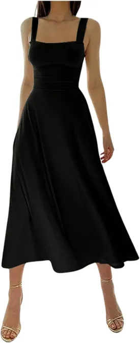 Women's Solid Color Thick Shoulder Strap Slim Fit Lace Up Waist Dress Casual Skirt Womens Beach Maxi
