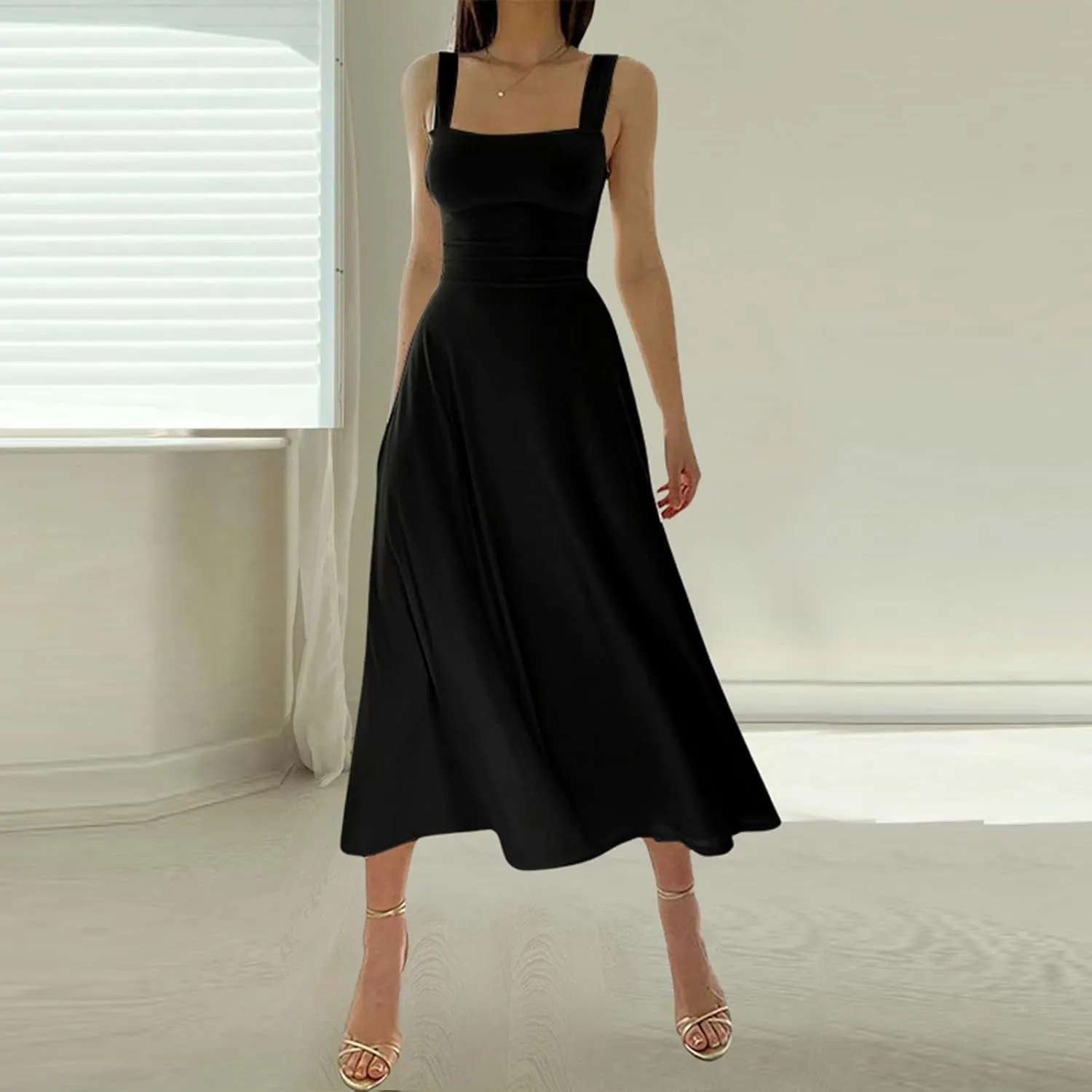 Women's Solid Color Thick Shoulder Strap Slim Fit Lace Up Waist Dress Casual Skirt Womens Beach Maxi