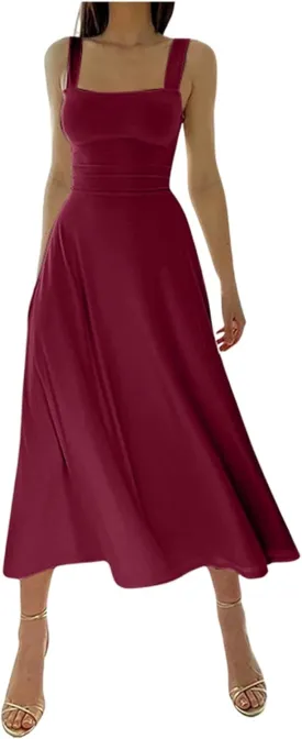 Women's Solid Color Thick Shoulder Strap Slim Fit Lace Up Waist Dress Casual Skirt Womens Beach Maxi