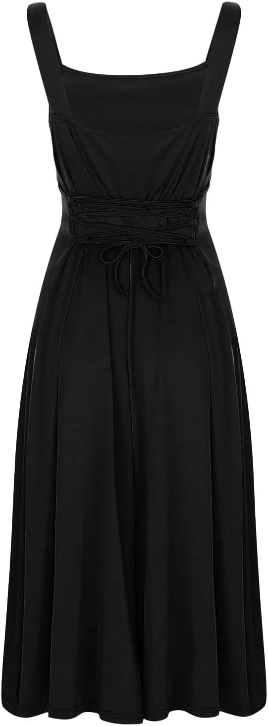 Women's Solid Color Thick Shoulder Strap Slim Fit Lace Up Waist Dress Casual Skirt Womens Beach Maxi