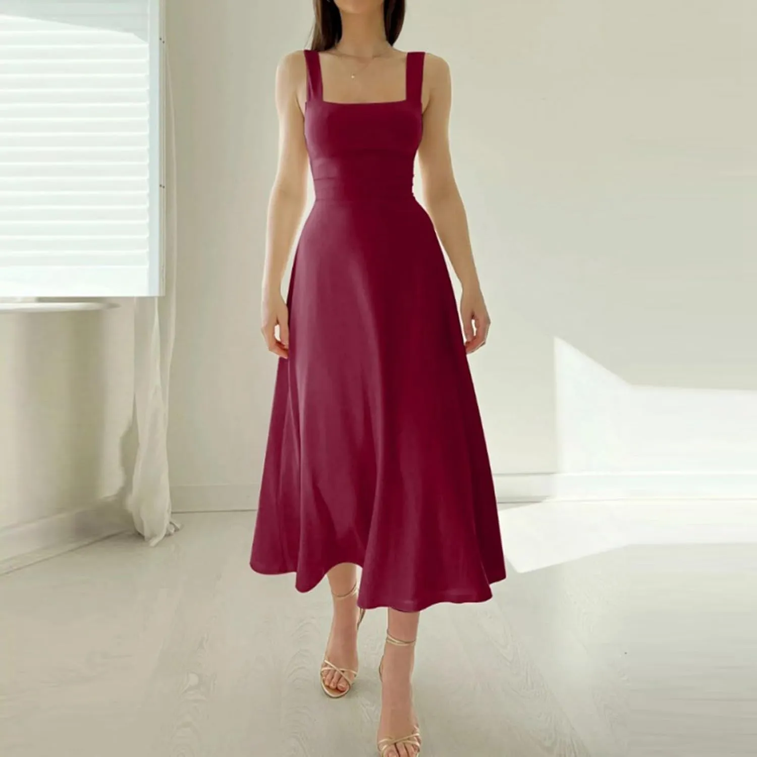 Women's Solid Color Thick Shoulder Strap Slim Fit Lace Up Waist Dress Casual Skirt Womens Beach Maxi