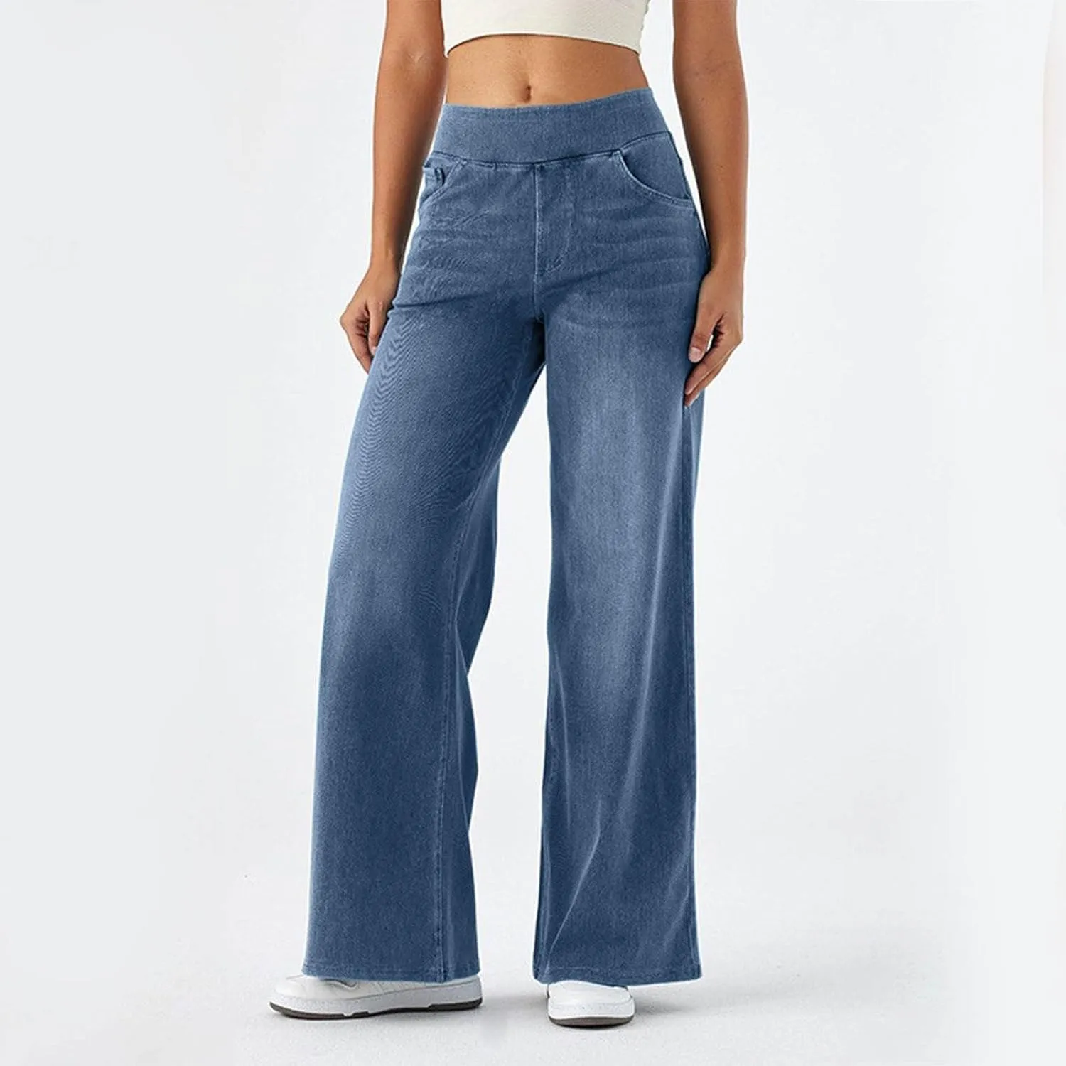 Women's Wide Leg Jeans High Waisted Tummy Control Denim Pants Soft Stretchy Casual Pull On Pants with Pockets