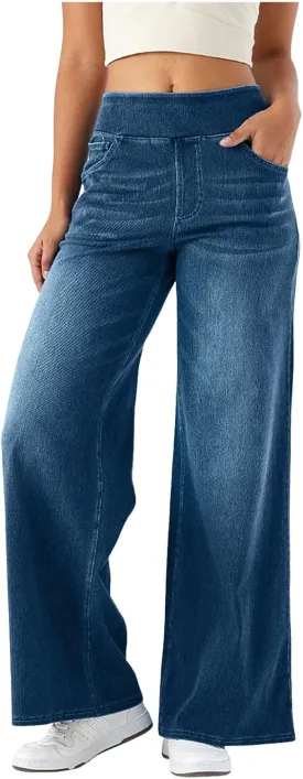Women's Wide Leg Jeans High Waisted Tummy Control Denim Pants Soft Stretchy Casual Pull On Pants with Pockets