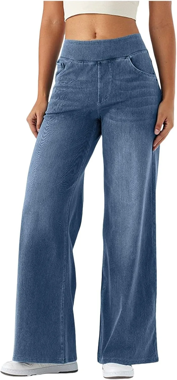 Women's Wide Leg Jeans High Waisted Tummy Control Denim Pants Soft Stretchy Casual Pull On Pants with Pockets