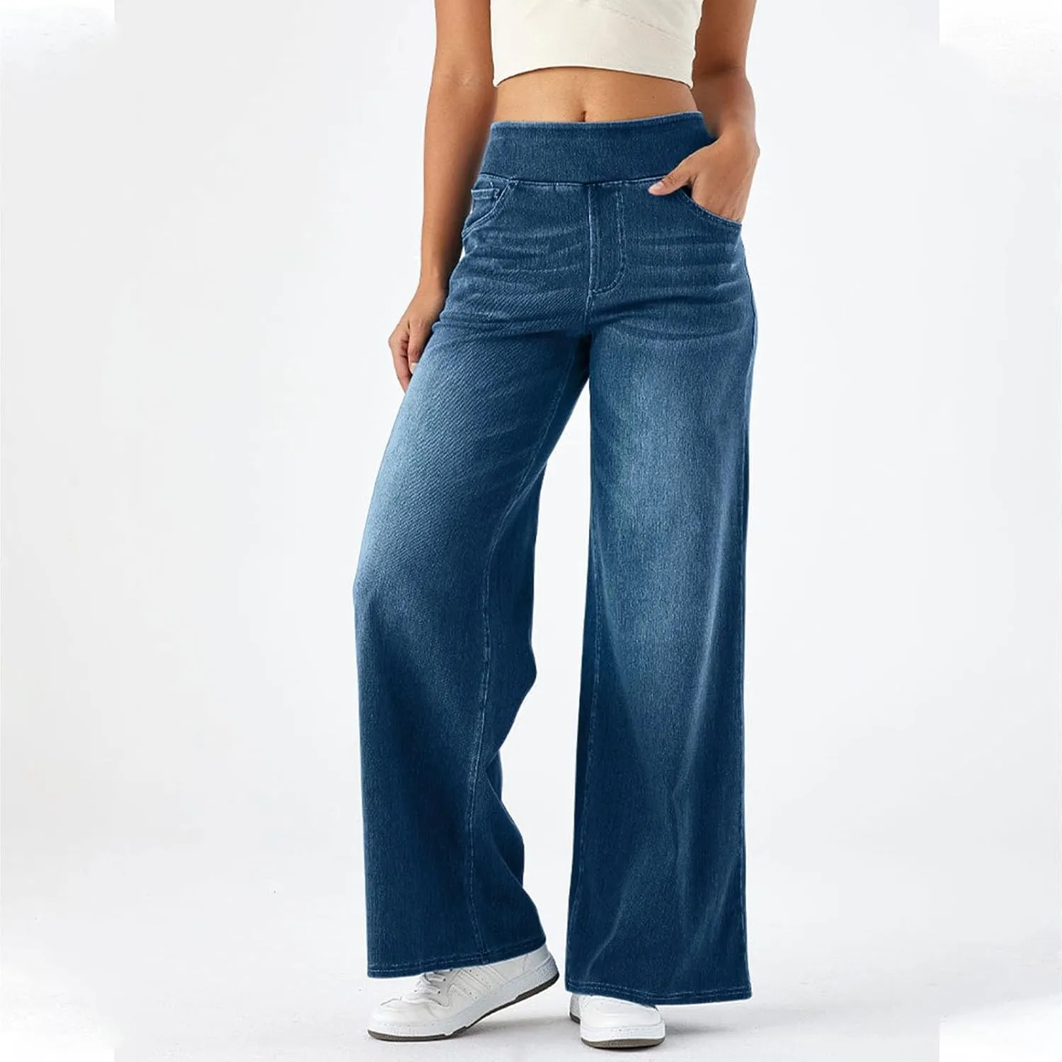 Women's Wide Leg Jeans High Waisted Tummy Control Denim Pants Soft Stretchy Casual Pull On Pants with Pockets