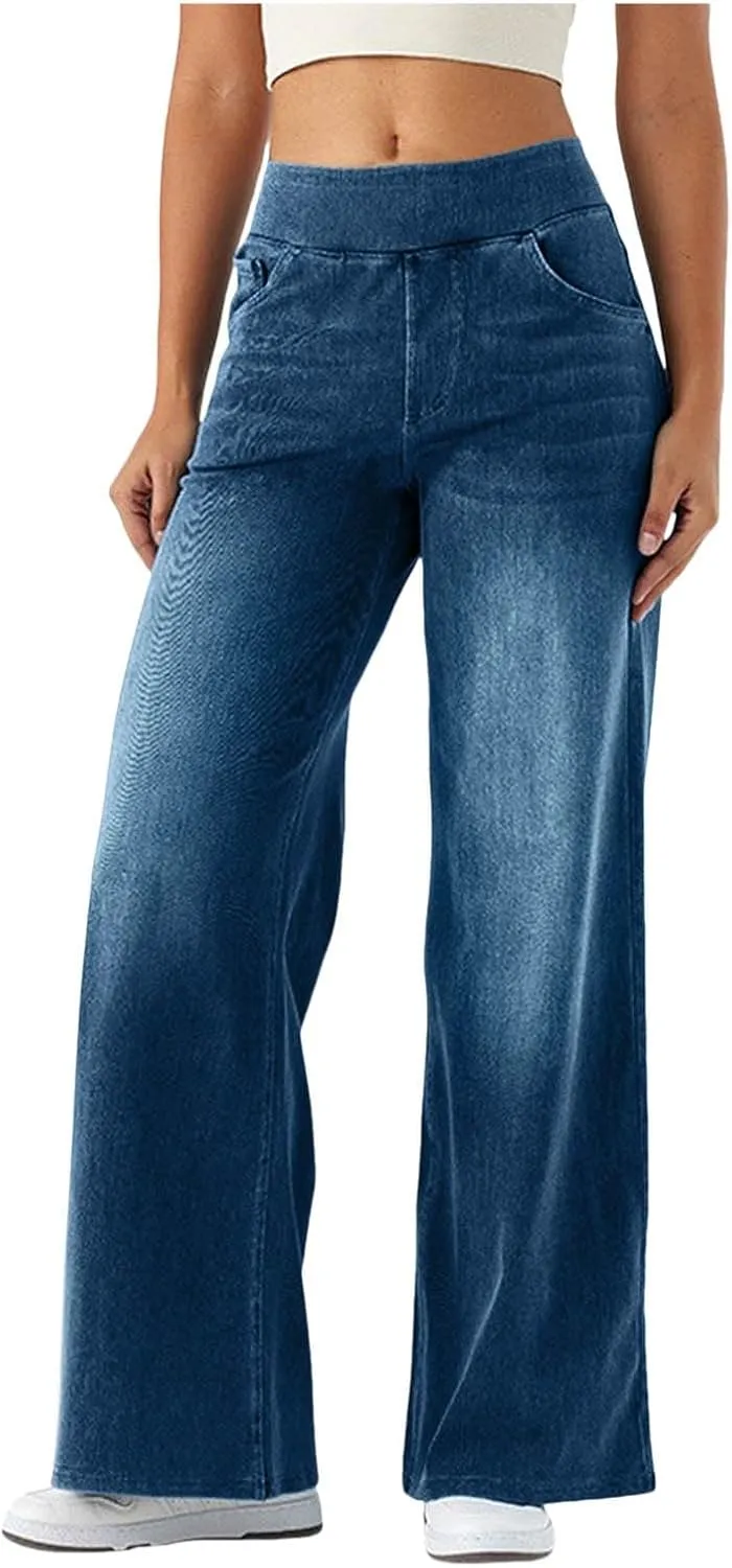 Women's Wide Leg Jeans High Waisted Tummy Control Denim Pants Soft Stretchy Casual Pull On Pants with Pockets