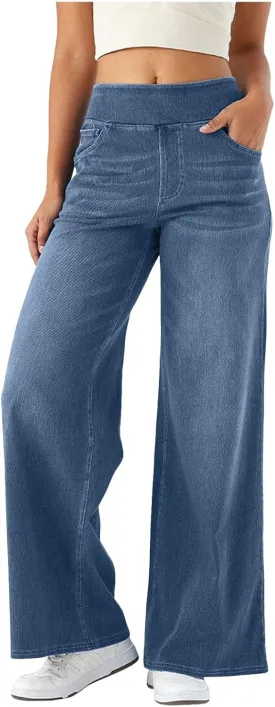 Women's Wide Leg Jeans High Waisted Tummy Control Denim Pants Soft Stretchy Casual Pull On Pants with Pockets