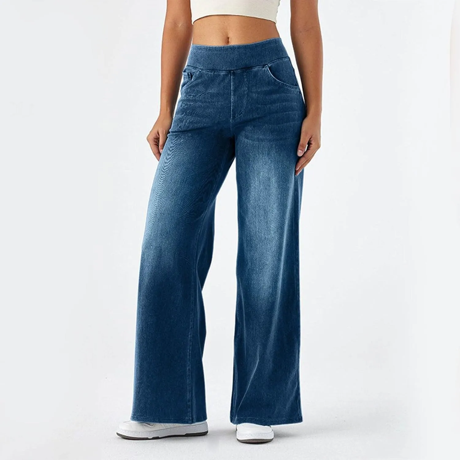 Women's Wide Leg Jeans High Waisted Tummy Control Denim Pants Soft Stretchy Casual Pull On Pants with Pockets