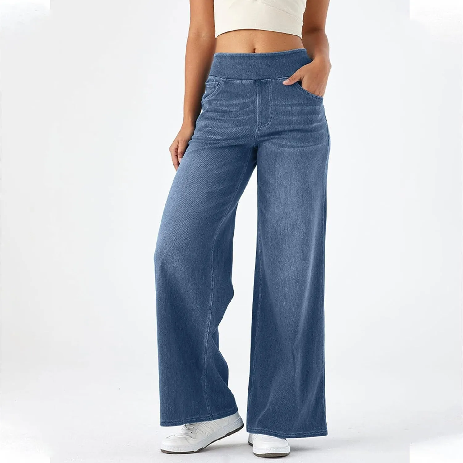 Women's Wide Leg Jeans High Waisted Tummy Control Denim Pants Soft Stretchy Casual Pull On Pants with Pockets