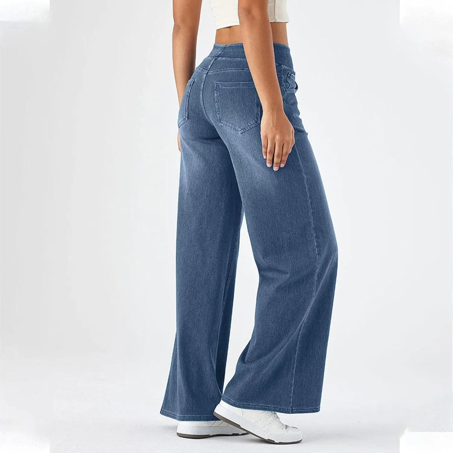 Women's Wide Leg Jeans High Waisted Tummy Control Denim Pants Soft Stretchy Casual Pull On Pants with Pockets