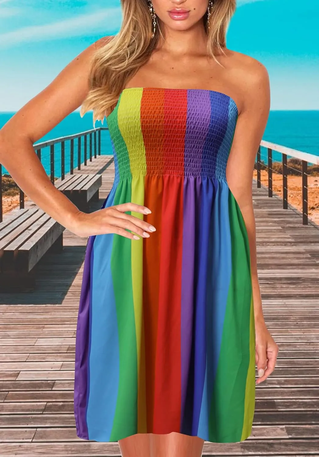 Zyyfly Strapless Dress for Women Summer Beach Boho Smocked Tube Top Dress